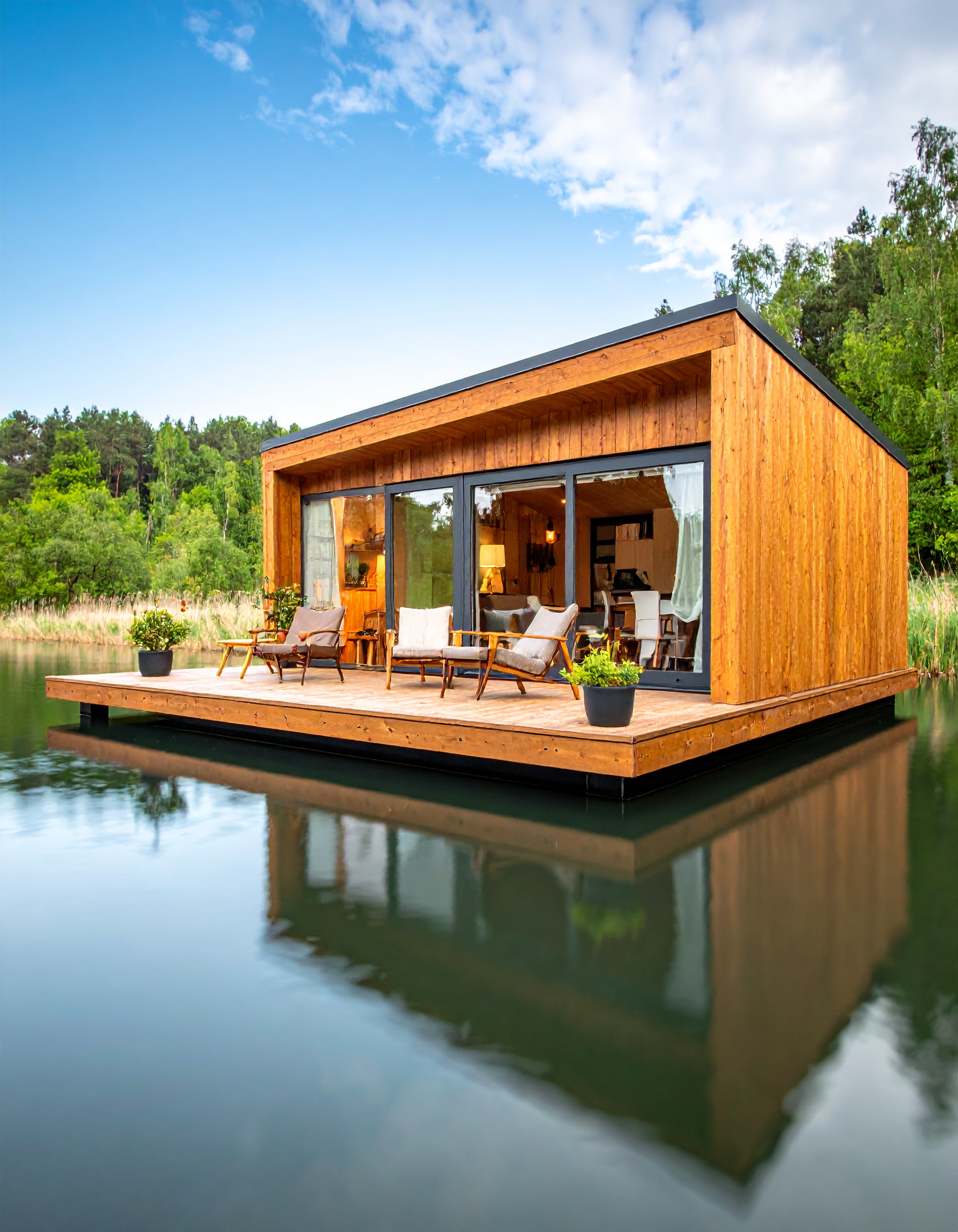 photo d'une cabane flottante avec en fond la nature