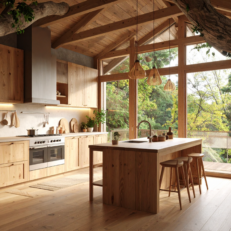 cuisine en bois avec une grande fenetre vue sur le haut des arbres