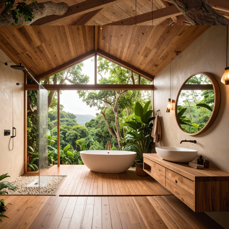 salle de bain en bois avec une enorme fenetre vue sur les hauts des arbres